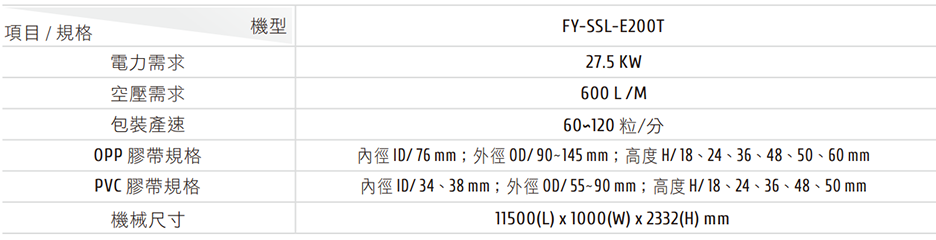 FY-SSL-E200T 全自動膠帶套標包裝機 機械規格表